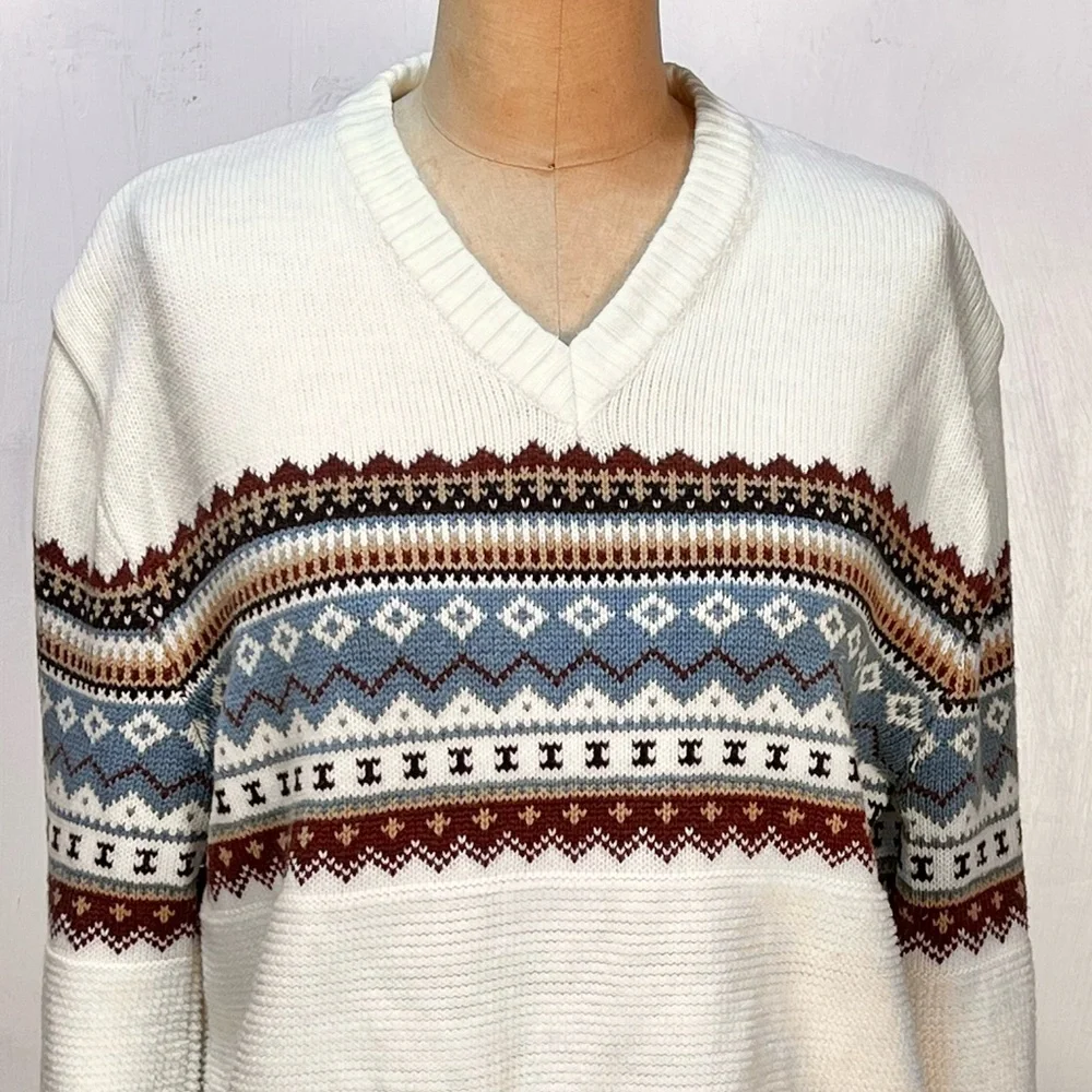 VINTAGE 70s 80s fair isle knit ski sweater v neck chenille earthy neutral unisex